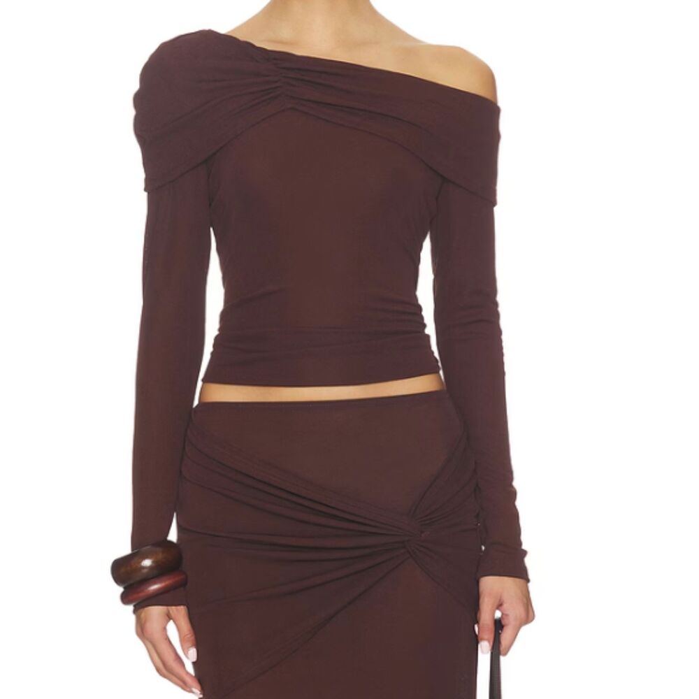 Revolve/NBD Draped One Shoulder Brown Asymmetrical Long Slv Top S (Retail 148)